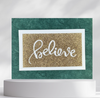 Believe Gold Glitter on Green Holiday Card