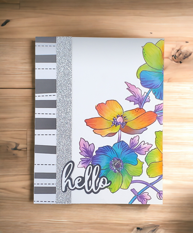 Floral "Hello" Greeting Card Bright Colors on Black and White, Miss You Card
