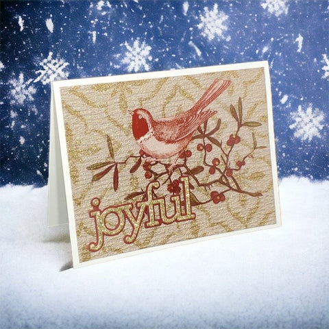 Joyful Christmas Holiday Card with Bird in Red, Beige, Gold and White for Family, Friends, and Loved Ones Celebrating the Holidays