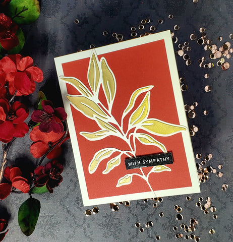 With Sympathy Red on Gold Leaves Card