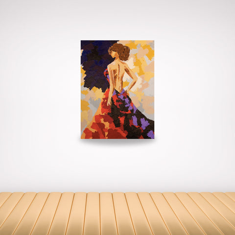 Abstract Spanish Lady Silhouette, Dancing in a Red and Purple Ball Gown, Handmade Acrylic Painting